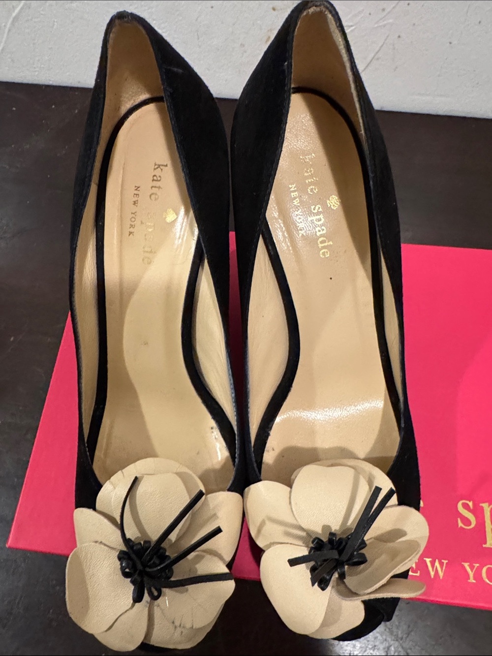 Kate Spade - Caelyn - Black Suede Wedge Peep Toe Pumps with Beige Flower Accent - Picture 4 of 10